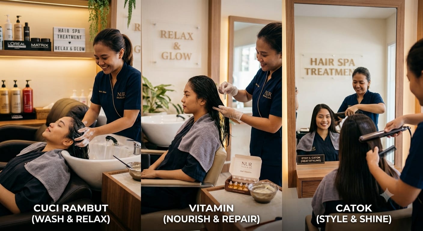 cuci rambut + vit + catok
